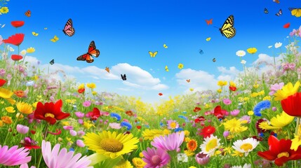 Fototapeta na wymiar A colorful flower field, a mix of tulips, daisies, and other flowers in various shades, bees and butterflies flying around, a clear blue sky in the background, field of flowers, Generative AI