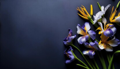 Iris flowers on plain dark background from Generative AI