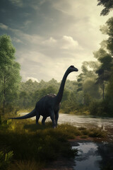 Graceful Giants Roaming the Prehistoric Realm Realistic Illustration Showcasing the Diplodocus in a Serene Prehistoric Landscape AI generated