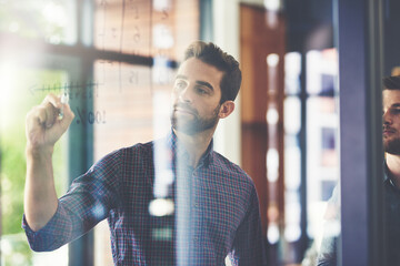 Planning, board and businessman brainstorming in the office while doing research for a corporate...