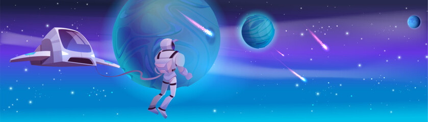 Vector space background with cartoon star planet and cosmonaut. Future galaxy universe landscape scene with spaceship and character in helmet looking on falling meteorite or comet rain concept © klyaksun
