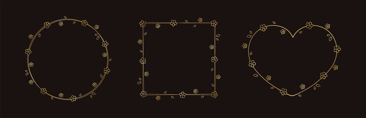 Golden Floral Frame Outline Doodle Set. Botanical border template, flourish design element for wedding, greeting card.