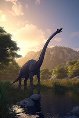 Fototapeta premium Majestic Giants of the Prehistoric World: A Realistic Illustration Showcasing the Brachiosaurus in an Enchanting Prehistoric Landscape AI generated
