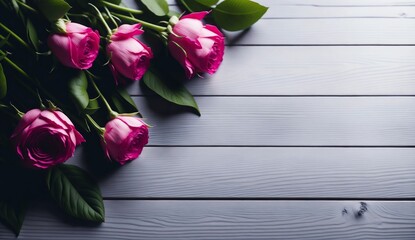 Pink roses on white wooden planks background from Generative AI