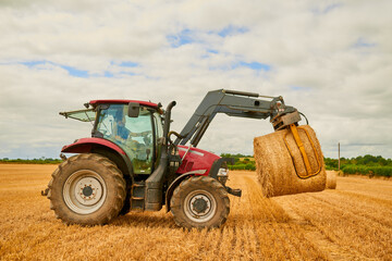 Obraz premium Hay, agriculture and a red tractor on a farm for sustainability outdoor on an open field during the harvest season. Nature, sky and clouds with an agricultural vehicle harvesting in the countryside