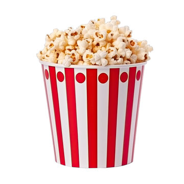 Popcorn in red and white striped cardboard bucket isolated on transparent background. Movie popcorn 