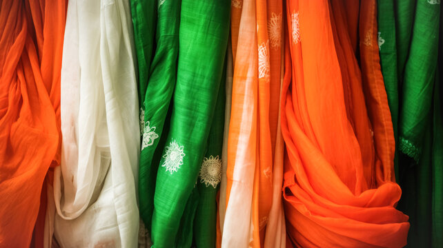 Natural Indian fabrics in bright colors orange, white, green for tailoring traditional festive clothes. Concept Independence Day Generative AI