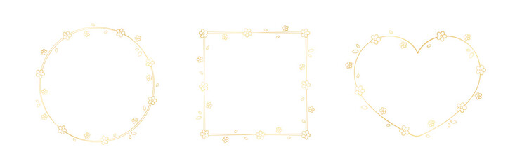 Golden Floral Frame Outline Doodle Set. Botanical border template, flourish design element for wedding, greeting card.