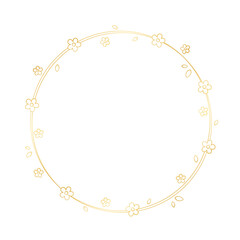Gold Round Floral Frame Outline Doodle. Spring botanical circle border template, flourish design element for wedding, greeting card.