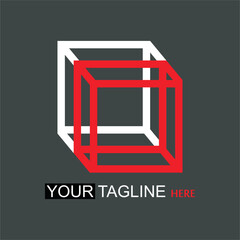 stacked boxes 3D logo design, white and red line colors, gray background, for brand, business, finance and company