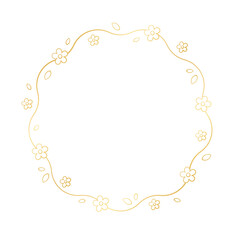 Gold Round Floral Frame Outline Doodle. Spring botanical circle border template, flourish design element for wedding, greeting card.