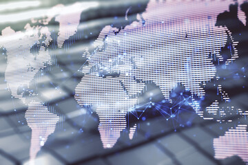 Abstract creative digital world map on abstract metal background, globalization concept. Multiexposure