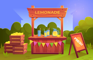 Fototapeta Lemonade stand market with juice for sale cartoon vector. Child shop to sell and buy lemon drink in jar. Kid seller business with sign board to make fresh cocktail behind vintage wooden table obraz