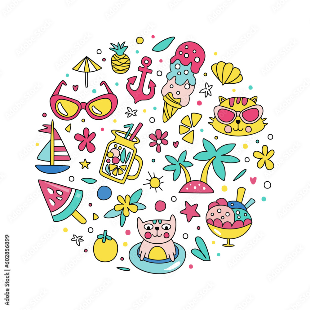 Poster colorful summer vacation design with doodle object arranged in circle vector template