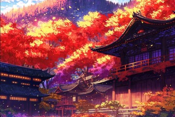 Naklejka premium 秋 紅葉 日本 京都 神社 自然 風景 イラスト 観光地