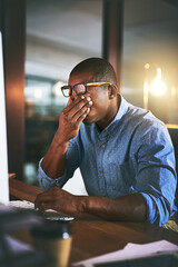 African business man, tired and fatigue in night, office and headache by computer for project...