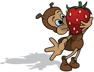 Brown Ant Carries Red Strawberry