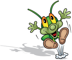 Happy Green Beetle in Jump with Open Arms