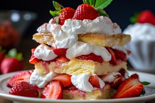strawberry shortcake with fresh strawberries and whipped cream piled high on top. Generative ai