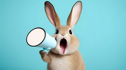 Obraz na płótnie Canvas Rabbit announcing using hand speaker. Notifying, warning, announcement. AI generated