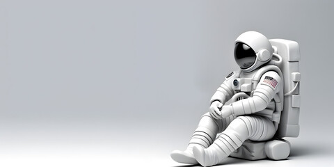 Spaceman isolated on grey. Astronaut sitting position. AI generated.