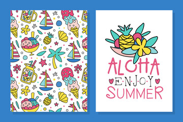 Fototapeta na wymiar Colorful Summer Vacation Card Design with Doodle Object Vector Template. Banner or Poster with Palm and Ice Cream as Sunny Beach Resort and Sea Concept