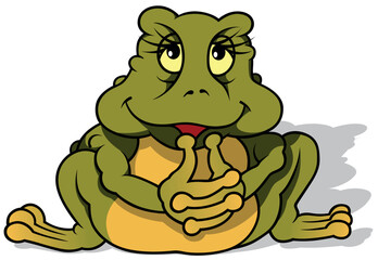 Front View of a Green Frog with a Yellow Belly Sitting on the Ground