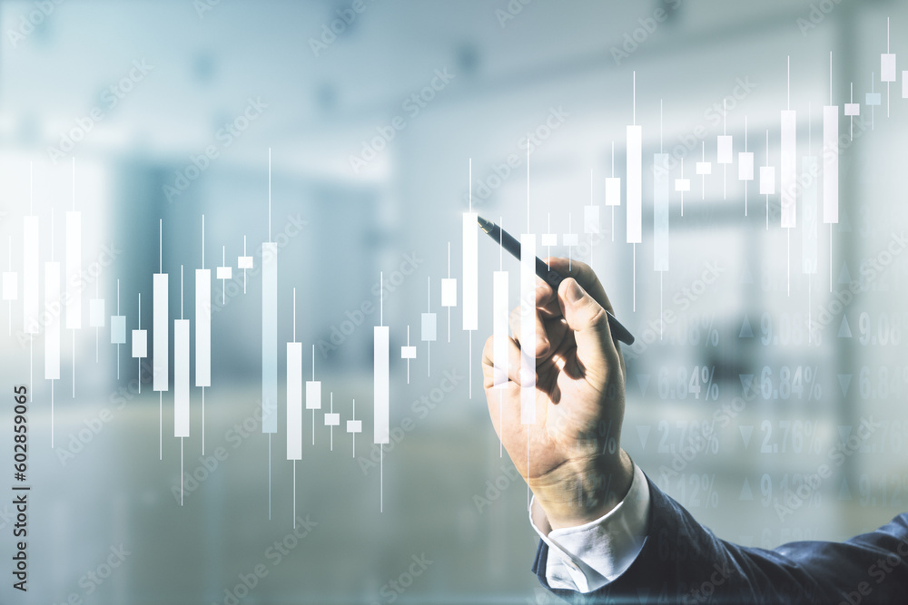 Poster multi exposure of man hand with pen working with abstract virtual financial graph on blurred office 