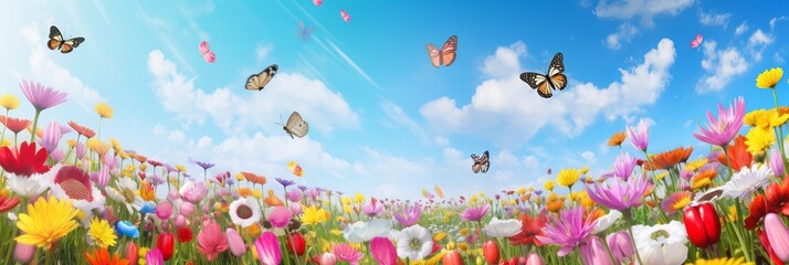 A colorful flower field, a mix of tulips, daisies, and other flowers in various shades, bees and butterflies flying around, a clear blue sky in the background, field of flowers, Generative AI