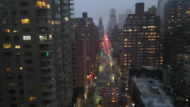 Manhattan drone shot at twilight