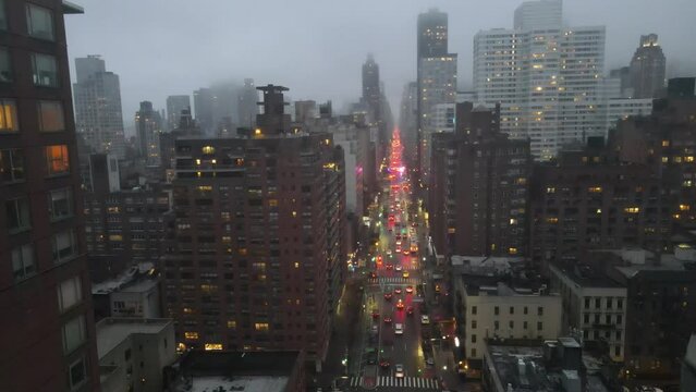 Manhattan drone shot at twilight