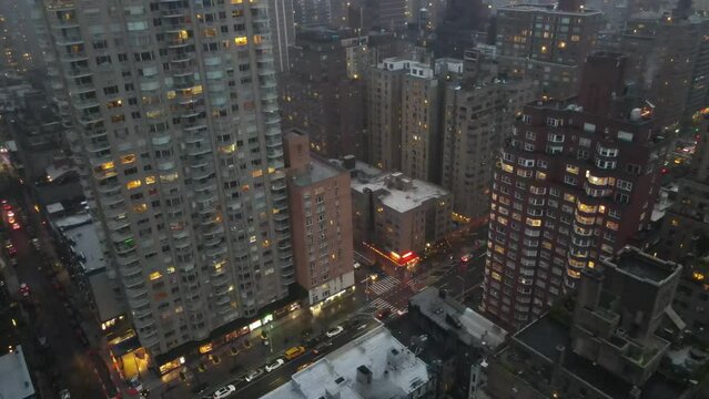 Manhattan drone shot at twilight