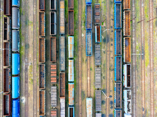 Aerial view landscape, view of train cars trains and tracks, cargo. 