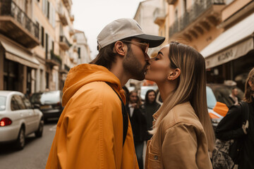 Stylish Couple Kissing in the Street on Vacation - Generative AI, Generative AI