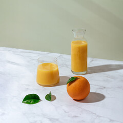 fresh orange juice in a glass and decanter. Oranges on the table