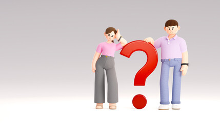 3D illustrations of young men and women leaning on question marks, facial expressions facing problems, and standing in a large space.