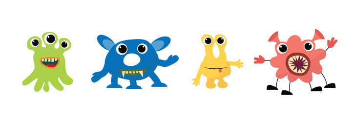 Cartoon monster collection. Crazy cute monsters different comic character. Set funny alien or bacteria or caries colorful vector isolated illustration.
