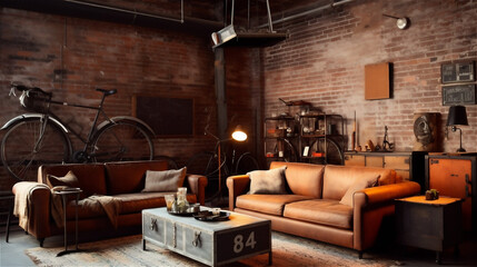 Generative AI, Industrial Living Room: Exposed Brick, Concrete, and Metal Accents