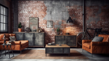 Obraz na płótnie Canvas Generative AI, Industrial Living Room: Exposed Brick, Concrete, and Metal Accents