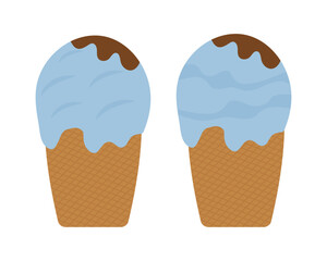 Cold blue ice cream in cups in flat style. Stickers icons or logo for the design of t-shirts, cups, postcards, notepads