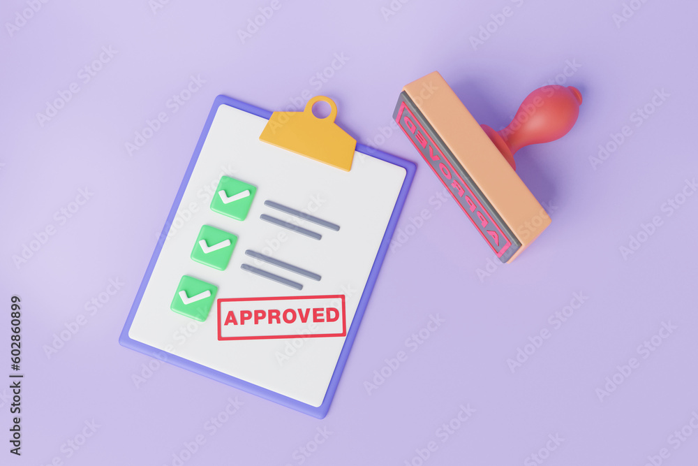 Poster top view approved stamp checkmark resume certificate checklist on clipboard paper. assurance guarant