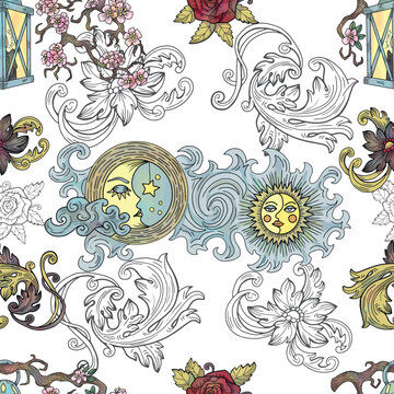 Vector seamless pattern with fantasy illustrations of moon and sun symbols, romantic victorian decorations. 