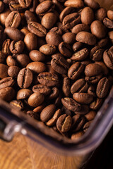 Close up image of Coffee beans. Roasted coffee beans. Arabica Coffee Beans. Single Origin. Coffee Bean texture.