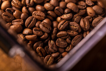 Close up image of Coffee beans. Roasted coffee beans. Arabica Coffee Beans. Single Origin. Coffee Bean texture.