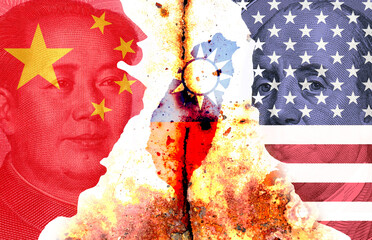 Flags of China, USA and Taiwan. Repeated exposure of portraits of Jemin Franklin and Mao Zedong. in the cracks. Describe the United States. Taiwan. China. The Taiwan Strait crisis.