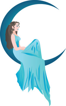 A beautiful girl in a blue dress sits on the new moon