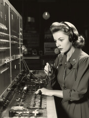 Young woman working in a radio station. Black and white image.