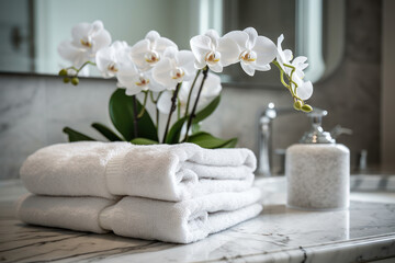Obraz na płótnie Canvas Bathroom countertop with towels Generative AI