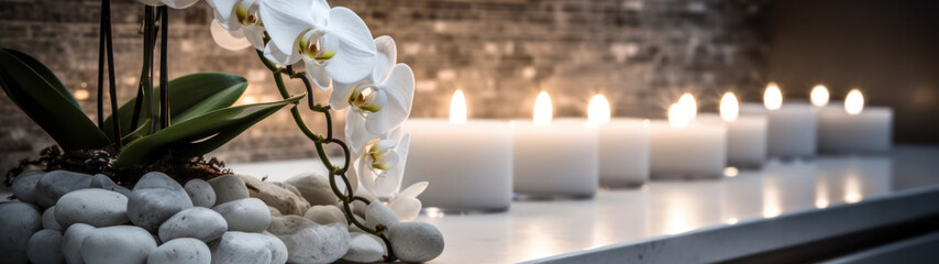 Obraz na płótnie Canvas Countertop with orchids and candles Generative AI