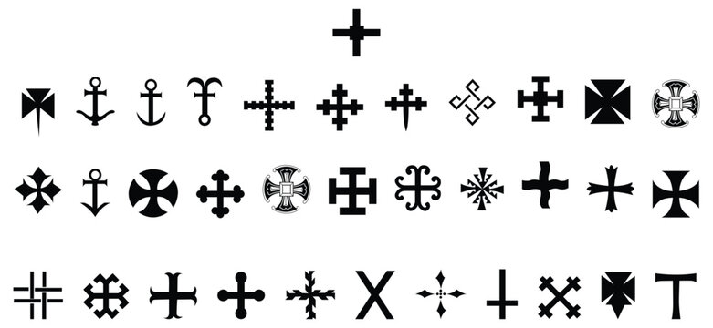 Christian cross icons. Vector line black christian cross set 1